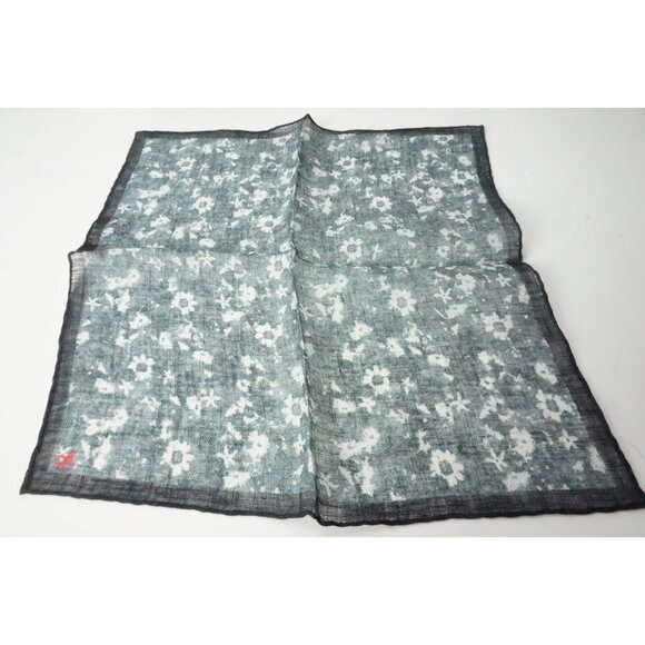 Isaia Dark Gray White Dainty Floral 100% Linen Pocket Square Italy New